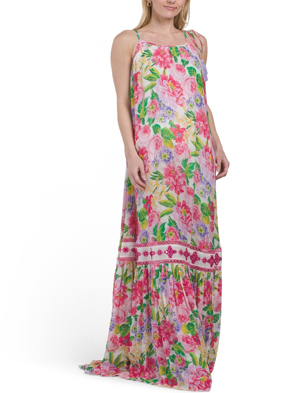 NWT MISS JUNE Paris Fuchsia Floral Kally Tassel Tie Neck Sleeveless Maxi Dress